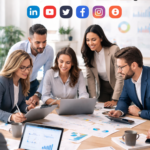 best social media platforms for b2b marketing business team discussing LinkedIn YouTube Facebook and digital growth strategy