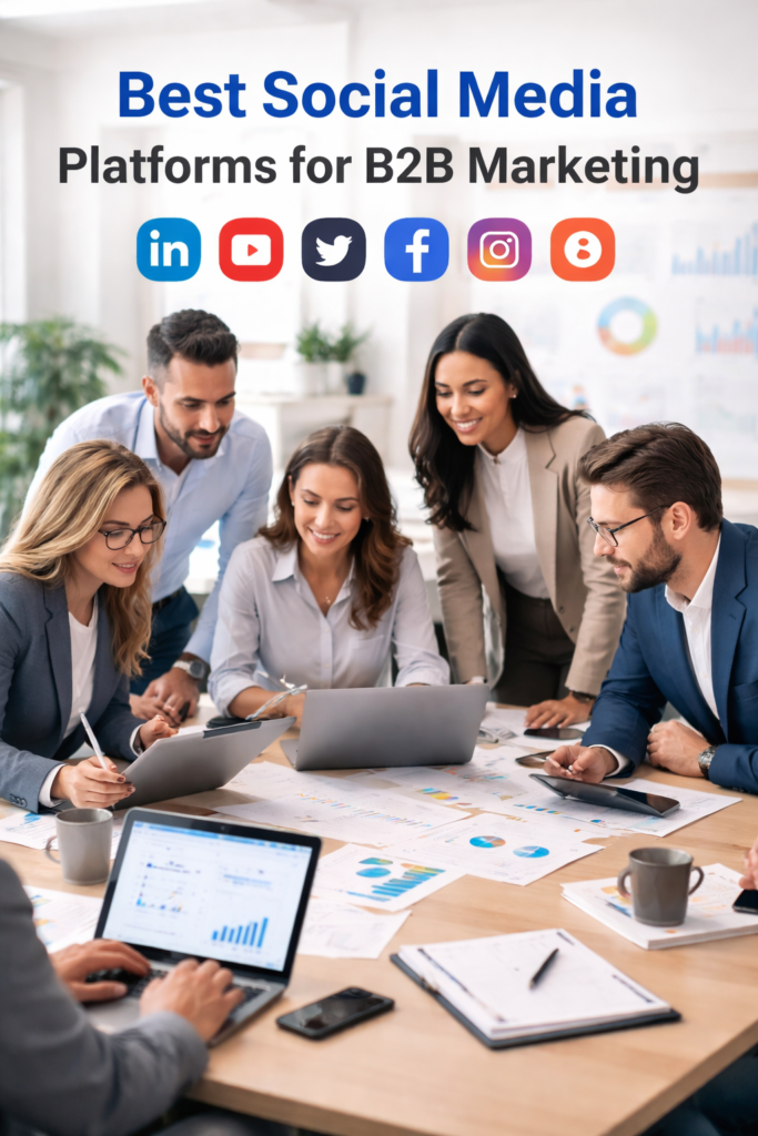 best social media platforms for b2b marketing business team discussing LinkedIn YouTube Facebook and digital growth strategy