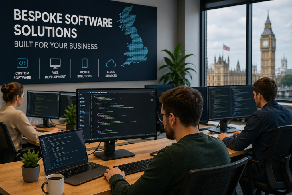 Bespoke Software UK developers working on bespoke software solutions in a modern office environment”