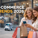 Best E-commerce Trends 2026 image showing woman using laptop with AI shopping technology, mobile commerce, delivery truck, and sustainable online business growth.