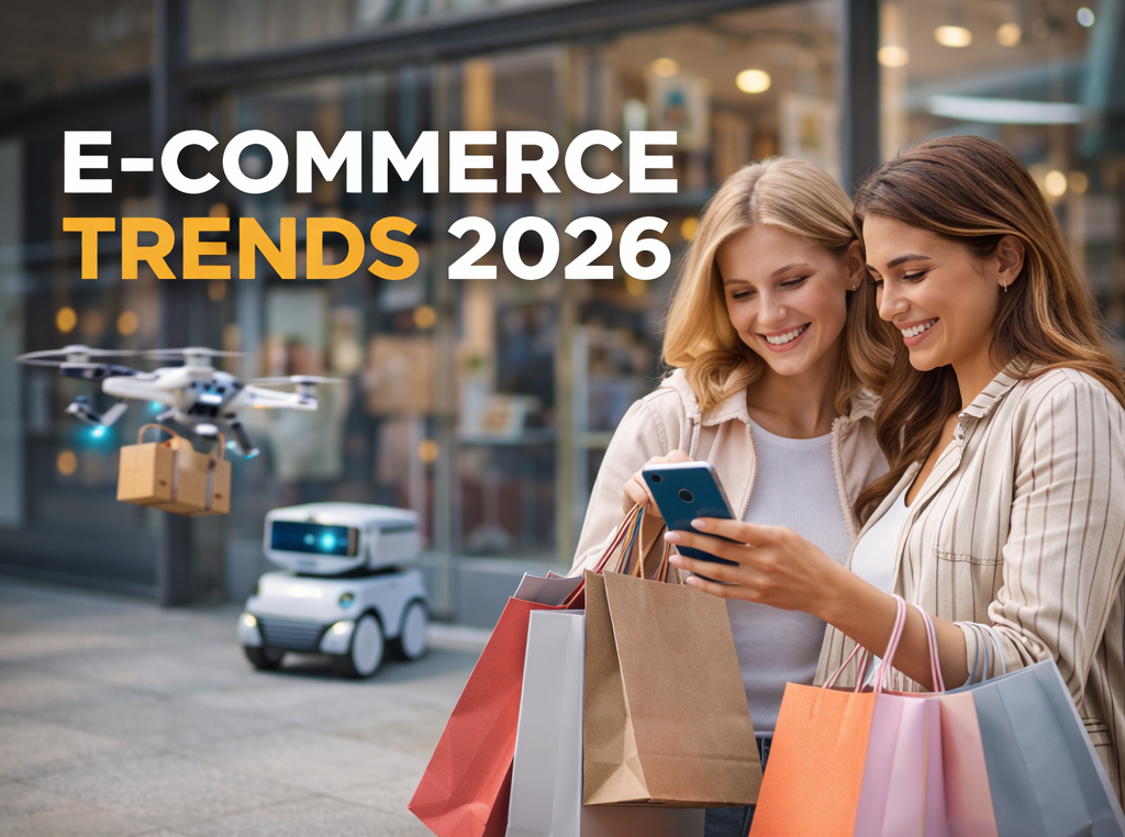 Best E-commerce Trends 2026 image showing woman using laptop with AI shopping technology, mobile commerce, delivery truck, and sustainable online business growth.