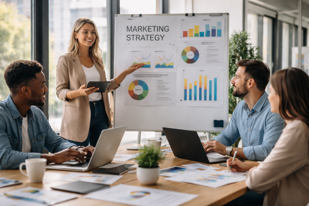 Marketing service industry team meeting in a modern office discussing account based marketing strategy and business growth plans