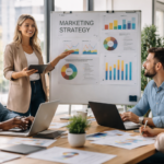 Marketing service industry team meeting in a modern office discussing account based marketing strategy and business growth plans