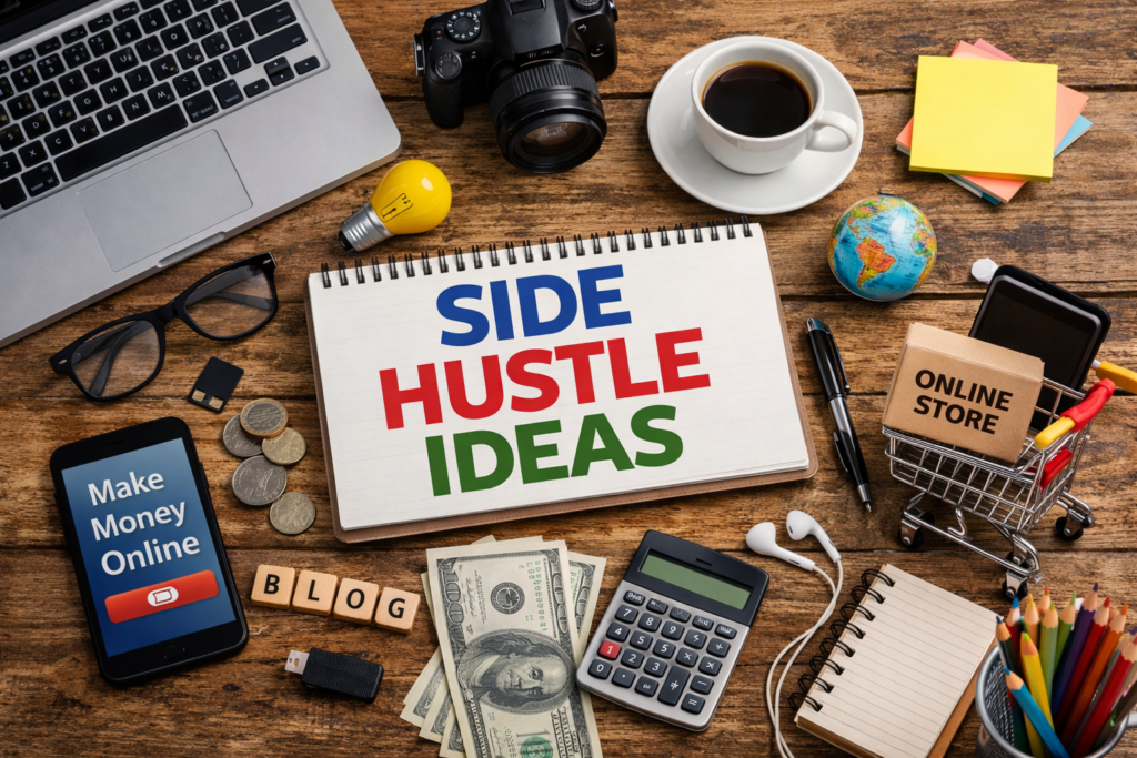 Side hustle ideas workspace with laptop, notebook and money