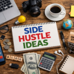 Side hustle ideas workspace with laptop, notebook and money