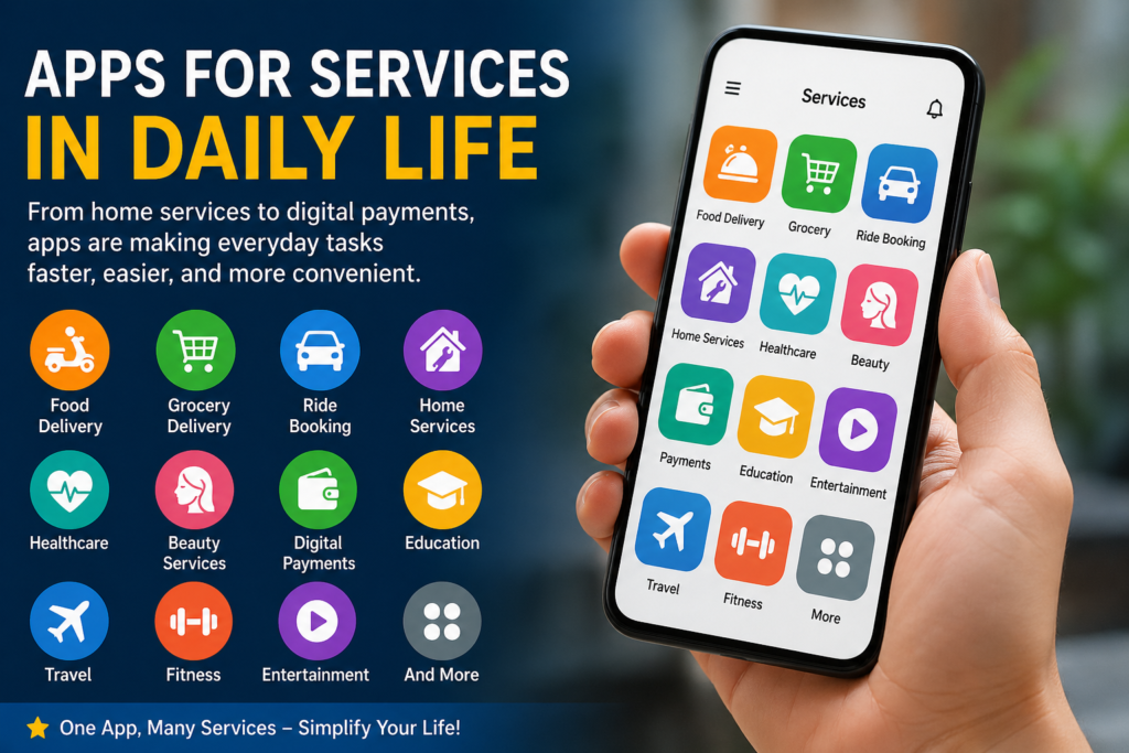 apps for services in daily life illustration showing mobile apps for food delivery, transport, and home services