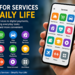 apps for services in daily life illustration showing mobile apps for food delivery, transport, and home services