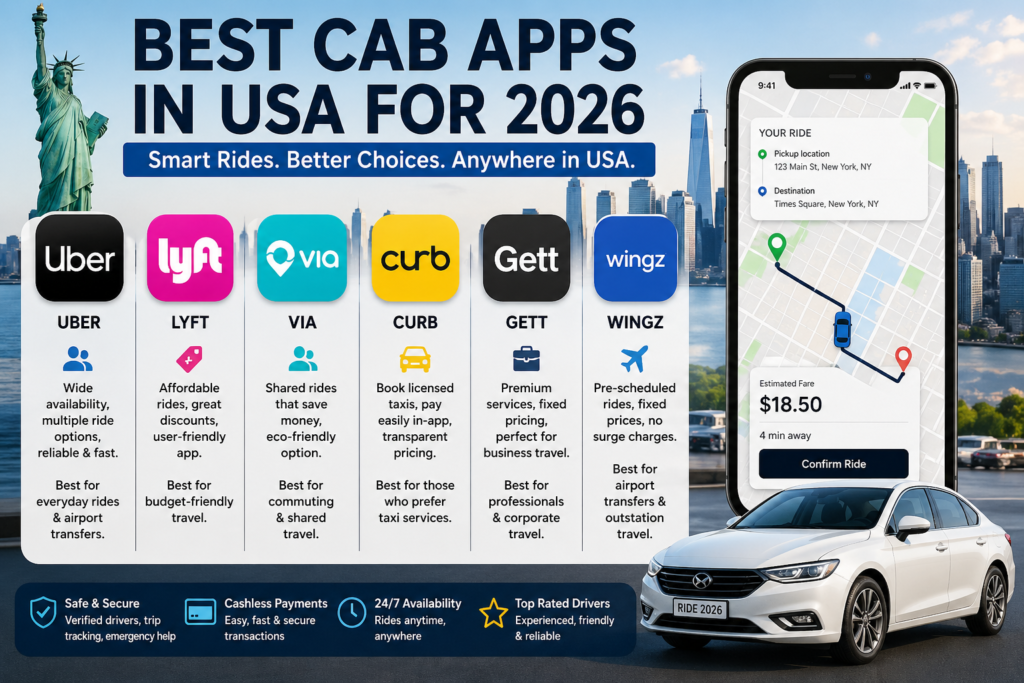 Best cab apps in USA for 2026 infographic showing Uber, Lyft, Via, Curb, Gett, and Wingz features with ride-booking interface.