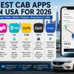 Best cab apps in USA for 2026 infographic showing Uber, Lyft, Via, Curb, Gett, and Wingz features with ride-booking interface.