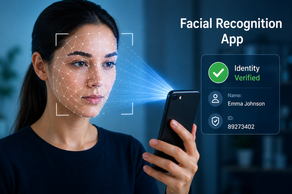 Facial recognition app in 2026 scanning a user’s face on smartphone with identity verification interface displayed in real time