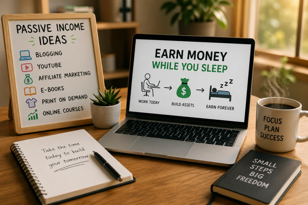 Passive Income Ideas from Home in 2026 workspace showing laptop, notes, and strategies like blogging, affiliate marketing, and online courses.