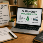 Passive Income Ideas from Home in 2026 workspace showing laptop, notes, and strategies like blogging, affiliate marketing, and online courses.