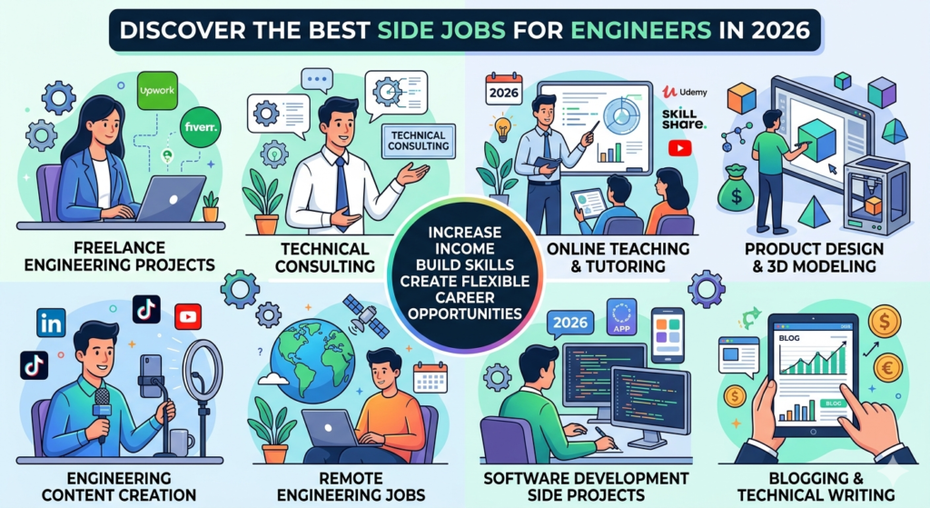 An infographic illustrating eight highly-rated side jobs for engineers in 2026, featuring freelancing, consulting, and teaching.