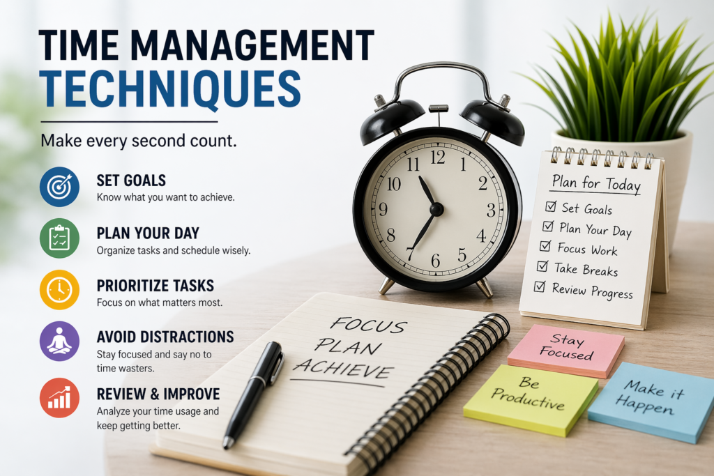 “Time management techniques infographic with planner, clock, and productivity tips”