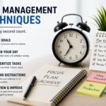 “Time management techniques infographic with planner, clock, and productivity tips”