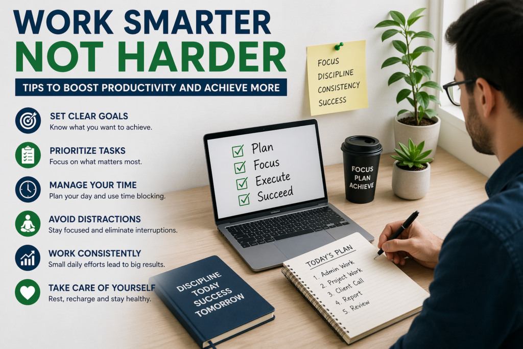 “Work smarter not harder tips desk setup with planner and focus notes”