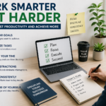 “Work smarter not harder tips desk setup with planner and focus notes”