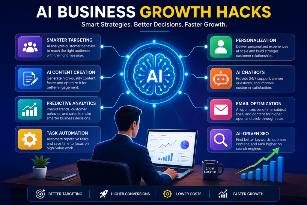 AI Business Growth Hacks infographic showing a central glowing AI brain connected to multiple business strategy panels including smarter targeting, AI content creation, predictive analytics, task automation, personalization, AI chatbots, email optimization, and AI-driven SEO, with a business professional working on a laptop in a modern digital workspace illustrating data growth and automation.