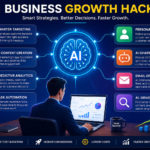 AI Business Growth Hacks infographic showing a central glowing AI brain connected to multiple business strategy panels including smarter targeting, AI content creation, predictive analytics, task automation, personalization, AI chatbots, email optimization, and AI-driven SEO, with a business professional working on a laptop in a modern digital workspace illustrating data growth and automation.