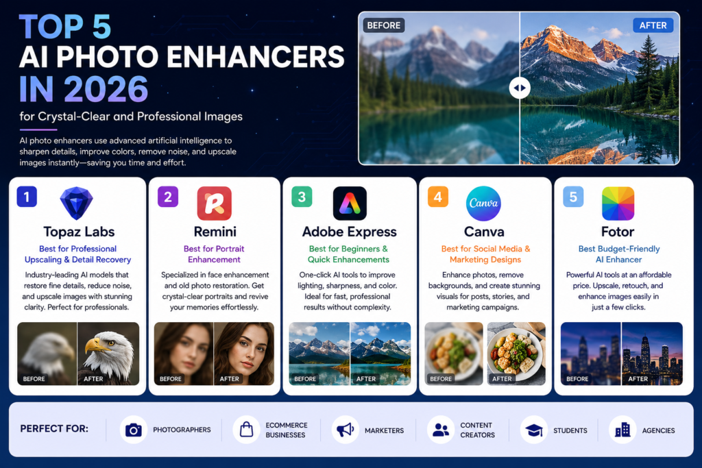 Infographic showcasing the top 5 AI photo enhancers in 2026, including Topaz Labs, Remini, Adobe Express, Canva, and Fotor, with before-and-after image comparisons and features for professional image enhancement.