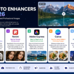 Infographic showcasing the top 5 AI photo enhancers in 2026, including Topaz Labs, Remini, Adobe Express, Canva, and Fotor, with before-and-after image comparisons and features for professional image enhancement.