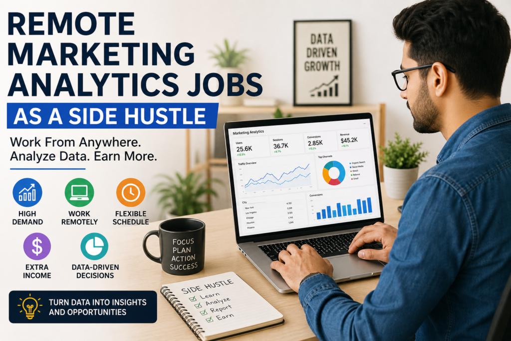 A modern home office scene showing a man working on a laptop with marketing analytics dashboards on screen, alongside bold text reading “Remote Marketing Analytics Jobs as a Side Hustle.”