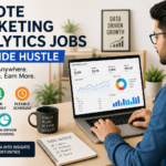 A modern home office scene showing a man working on a laptop with marketing analytics dashboards on screen, alongside bold text reading “Remote Marketing Analytics Jobs as a Side Hustle.”