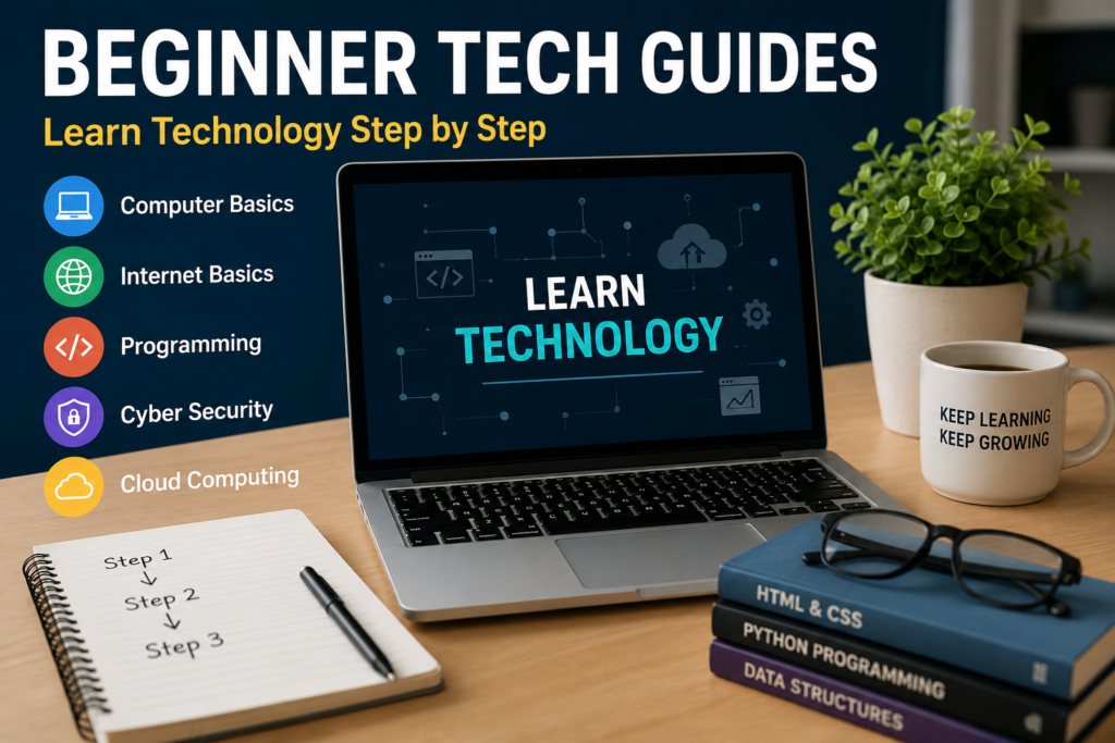 Modern workspace with laptop showing “Learn Technology,” surrounded by tech books, notes, and icons representing beginner tech guides 2026 like programming, internet basics, and cybersecurity.