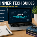 Modern workspace with laptop showing “Learn Technology,” surrounded by tech books, notes, and icons representing beginner tech guides 2026 like programming, internet basics, and cybersecurity.