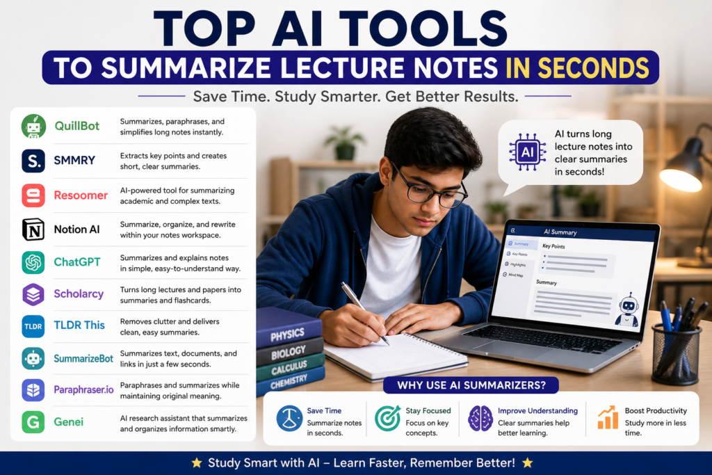 Top AI tools to summarize lecture notes in seconds with student using laptop and study materials for productivity and faster learning