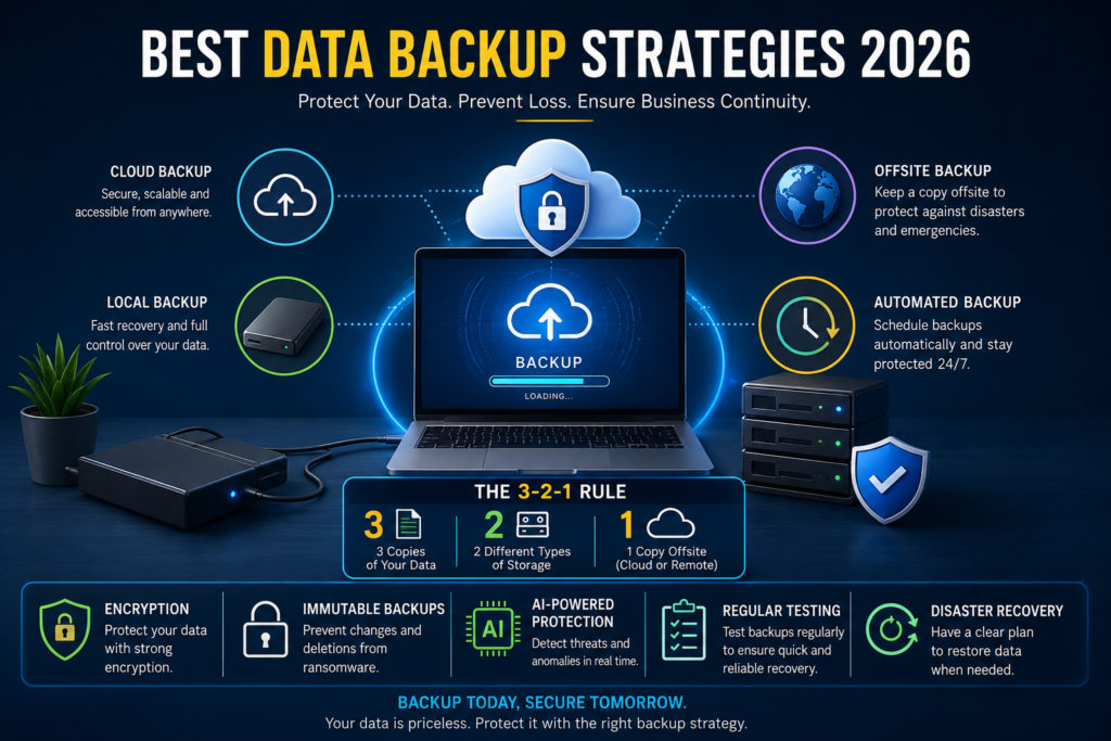 Best data backup strategies 2026 concept showing cloud storage, external hard drives, encryption security, and hybrid data protection system for business and personal file safety.