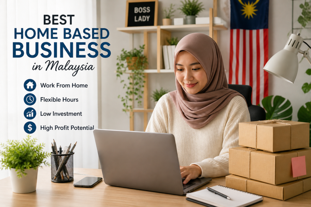 Best Home Based Business in Malaysia 2026 – woman working on laptop with packages at home office