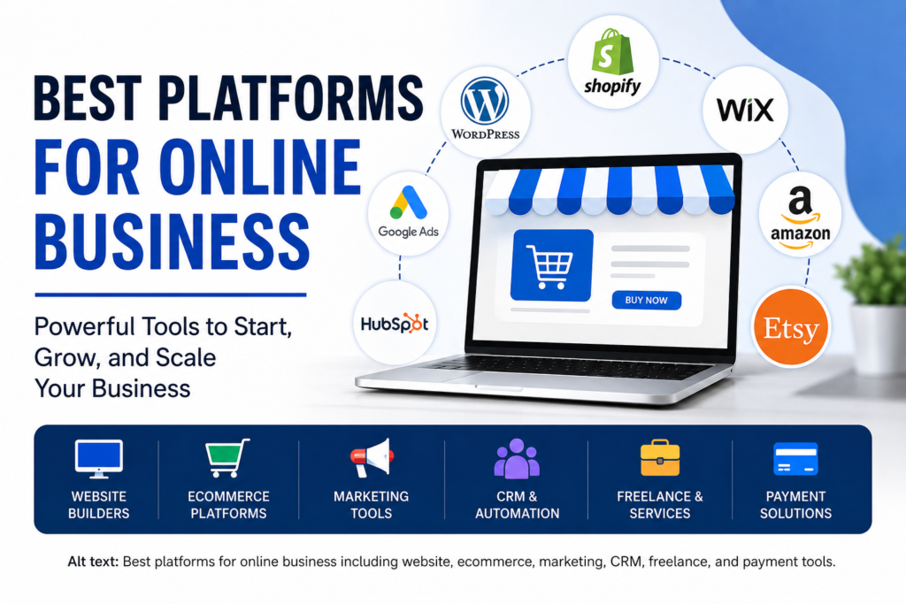 Infographic showing the best platforms for online business in 2026 including Shopify, WordPress, Wix, Amazon, Etsy, Google Ads, HubSpot, and other tools for website building, eCommerce, marketing, CRM, freelancing, and payments displayed around a laptop design.