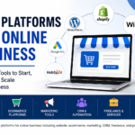 Infographic showing the best platforms for online business in 2026 including Shopify, WordPress, Wix, Amazon, Etsy, Google Ads, HubSpot, and other tools for website building, eCommerce, marketing, CRM, freelancing, and payments displayed around a laptop design.