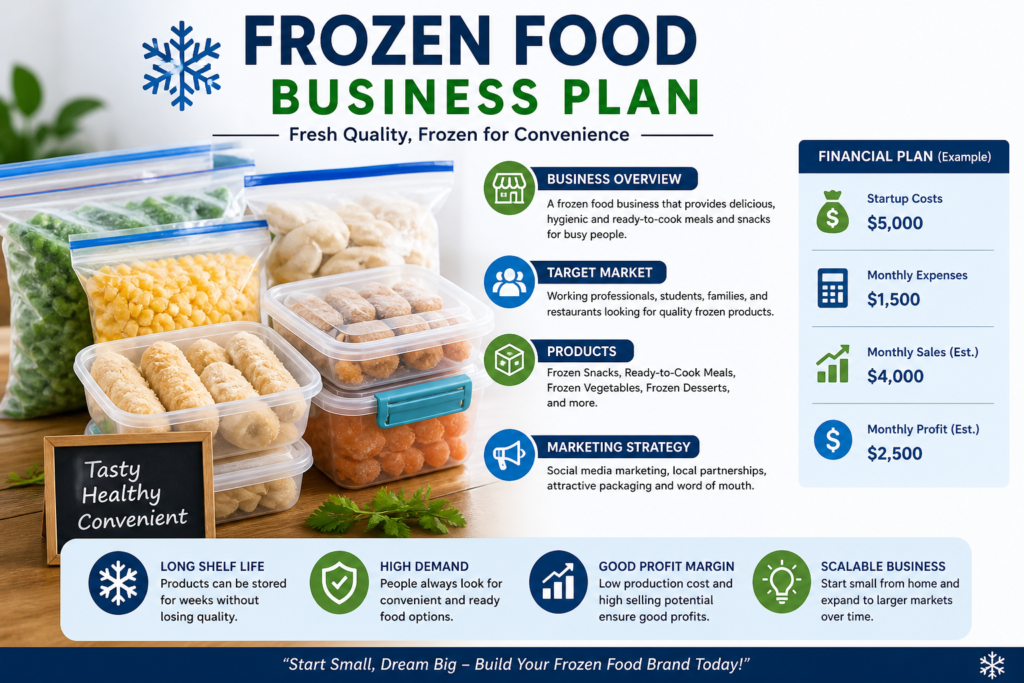Frozen food business plan infographic showing packaged frozen snacks, vegetables, and meals with pricing, marketing, and profit details for a home-based food business.