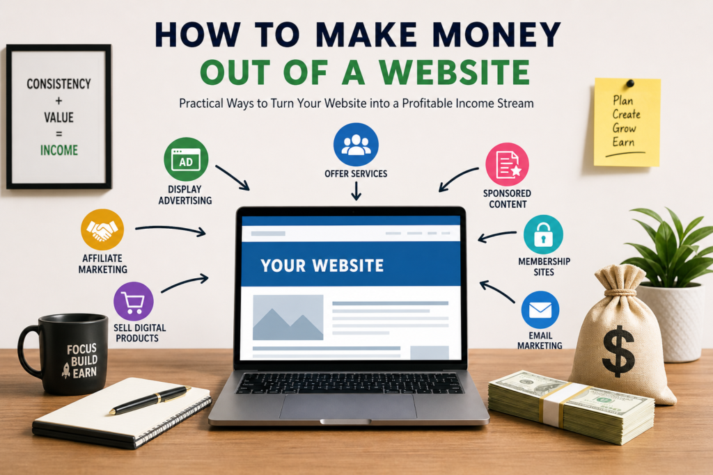 Modern infographic showing how to make money out of a website, with a laptop on a desk and visual icons for display advertising, affiliate marketing, digital products, services, sponsored content, membership sites, and email marketing, explaining different online income methods in a clear and simple way.