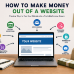 Modern infographic showing how to make money out of a website, with a laptop on a desk and visual icons for display advertising, affiliate marketing, digital products, services, sponsored content, membership sites, and email marketing, explaining different online income methods in a clear and simple way.