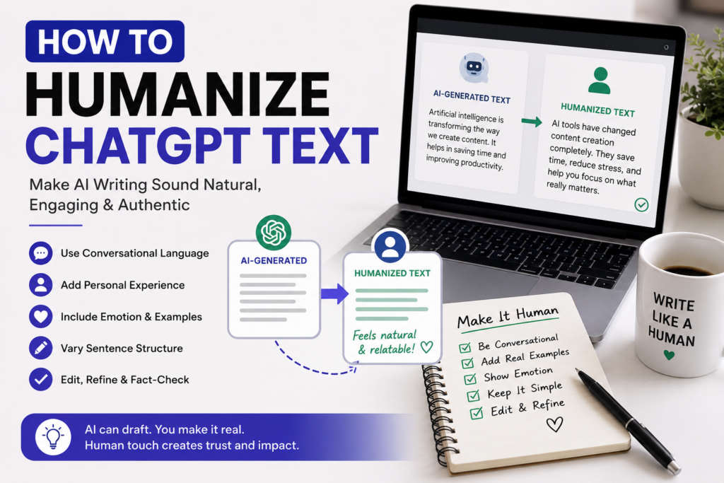 Modern infographic showing how to humanize ChatGPT text with tips like conversational writing, emotional tone, sentence variation, and real examples, alongside a laptop displaying AI-generated vs humanized content.