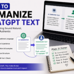 Modern infographic showing how to humanize ChatGPT text with tips like conversational writing, emotional tone, sentence variation, and real examples, alongside a laptop displaying AI-generated vs humanized content.