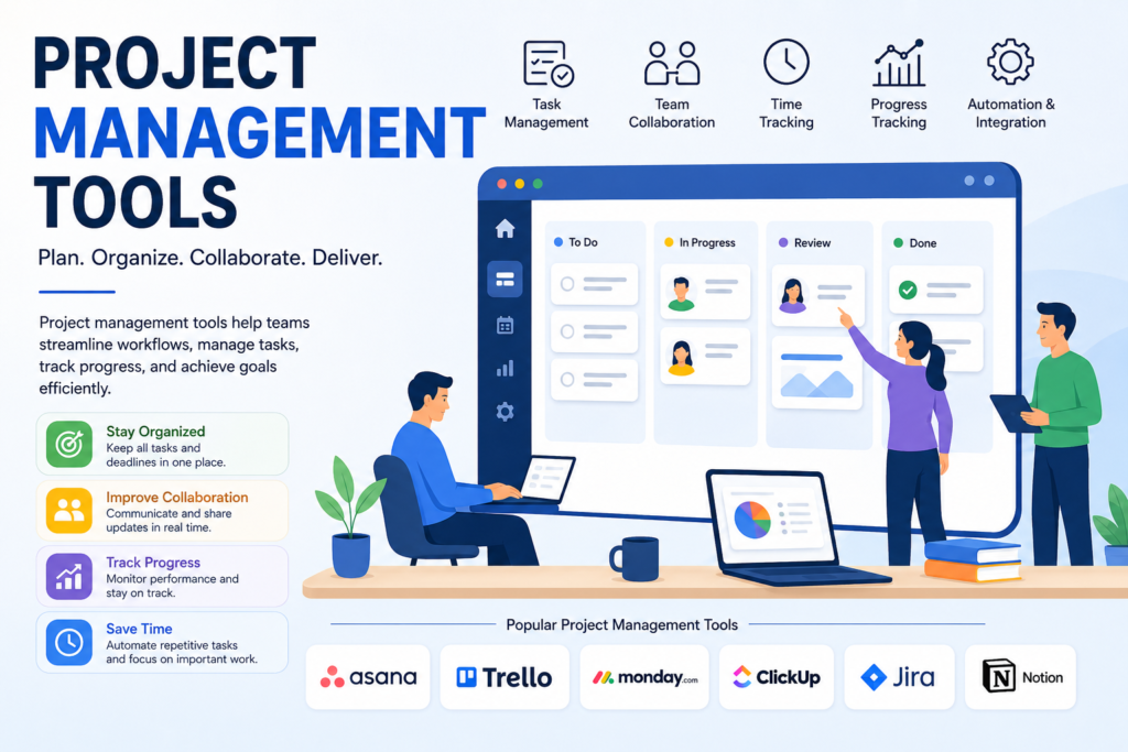 A modern flat-style infographic showing project management tools, with a team collaborating around a digital dashboard. It highlights task management, collaboration, tracking, and automation features, along with popular tools like Asana, Trello, Monday.com, ClickUp, Jira, and Notion.