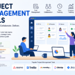 A modern flat-style infographic showing project management tools, with a team collaborating around a digital dashboard. It highlights task management, collaboration, tracking, and automation features, along with popular tools like Asana, Trello, Monday.com, ClickUp, Jira, and Notion.