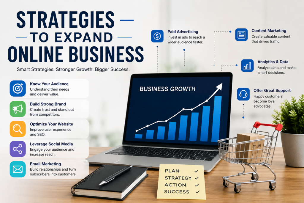 Modern infographic showing effective strategies to expand online business, including SEO, social media marketing, content marketing, paid advertising, email marketing, analytics, and customer support, with a laptop displaying business growth charts.