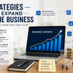 Modern infographic showing effective strategies to expand online business, including SEO, social media marketing, content marketing, paid advertising, email marketing, analytics, and customer support, with a laptop displaying business growth charts.