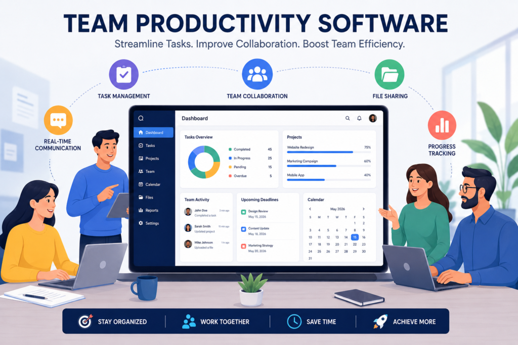 Illustration of a modern team productivity software dashboard shown on a large screen in a collaborative office setting, with team members working on laptops, and visual elements highlighting task management,