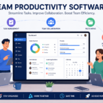 Illustration of a modern team productivity software dashboard shown on a large screen in a collaborative office setting, with team members working on laptops, and visual elements highlighting task management,