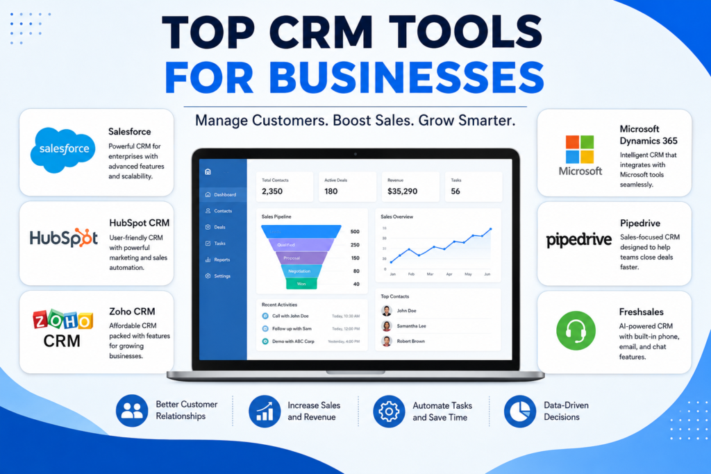 “Infographic showing top CRM tools for businesses in 2026, including Salesforce, HubSpot, Zoho, Microsoft Dynamics 365, Pipedrive, Freshsales, and Monday CRM with a central dashboard highlighting sales analytics, pipeline management, and business growth features