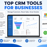 “Infographic showing top CRM tools for businesses in 2026, including Salesforce, HubSpot, Zoho, Microsoft Dynamics 365, Pipedrive, Freshsales, and Monday CRM with a central dashboard highlighting sales analytics, pipeline management, and business growth features