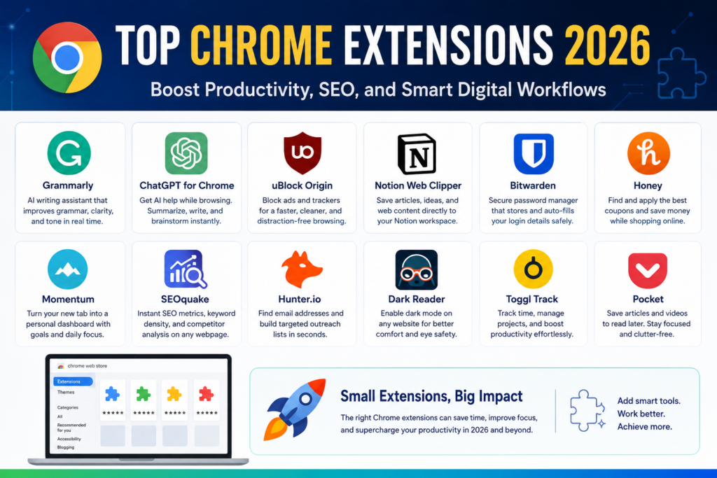 “An infographic titled ‘Top Chrome Extensions 2026’ showing popular tools like Grammarly, ChatGPT for Chrome, uBlock Origin, Notion Web Clipper, Bitwarden, Honey, Momentum, SEOquake, Hunter.io, Dark Reader, Toggl Track, and Pocket, with brief descriptions highlighting productivity, SEO, security, and workflow benefits, plus a laptop illustration and a ‘Small Extensions, Big Impact’ section emphasizing improved digital efficiency.”