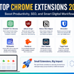 “An infographic titled ‘Top Chrome Extensions 2026’ showing popular tools like Grammarly, ChatGPT for Chrome, uBlock Origin, Notion Web Clipper, Bitwarden, Honey, Momentum, SEOquake, Hunter.io, Dark Reader, Toggl Track, and Pocket, with brief descriptions highlighting productivity, SEO, security, and workflow benefits, plus a laptop illustration and a ‘Small Extensions, Big Impact’ section emphasizing improved digital efficiency.”