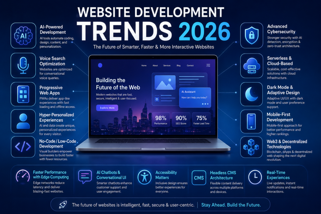 Futuristic infographic showing the top website development trends 2026, including AI-powered development, voice search optimization, progressive web apps, cybersecurity, mobile-first design, Web3 technology, and faster website performance.